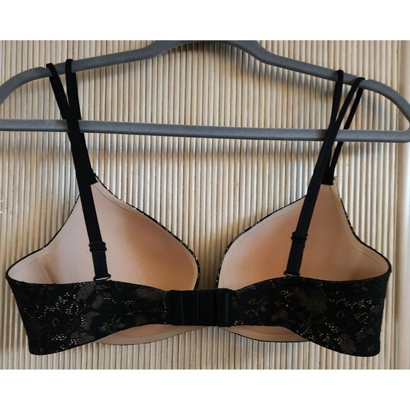 Victoria's Secret Bra Size 34D Angels Secret Embrace Black Lace Over Beige EUC - Picture 2 of 9